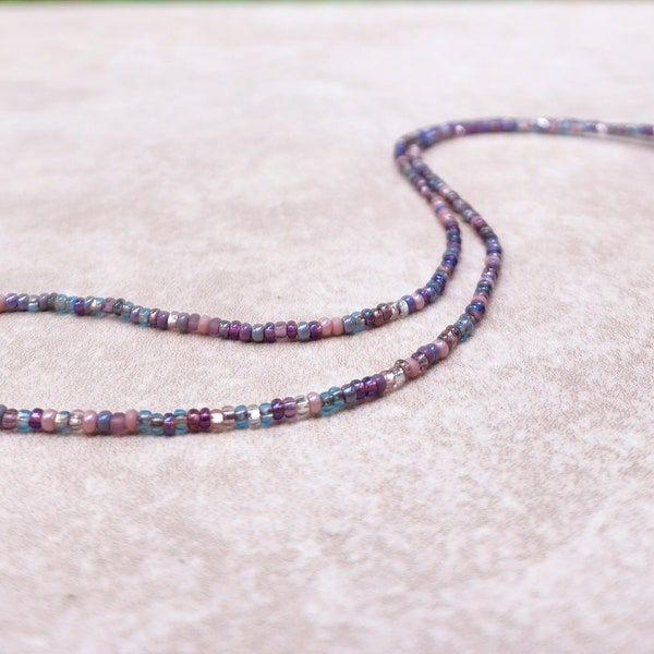 11/0 Mauve Blend necklace tiny seed bead necklace, shades of mauve, very light aqua ab, shades of grey, shades of purple