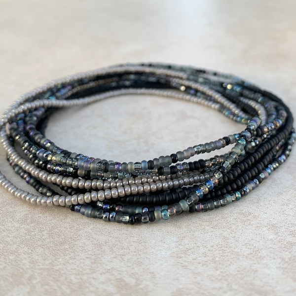 11/0 -WRAP- 84 inch Midnight Tiny Seed bead wrap bracelet, matte black, shades of gray, blue purple iris hue wrap seed bead bracelet