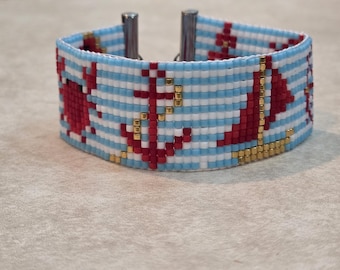 Sailor Miyuki Seed Bead Loom Bracelet, woven seed bead bracelet, light blue, white, gold, red