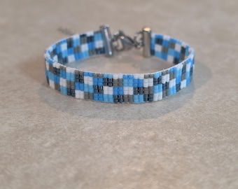Thin Miyuki Seed Bead Loom Bracelet, woven narrow shades of blue, white and grey seed bead bracelet