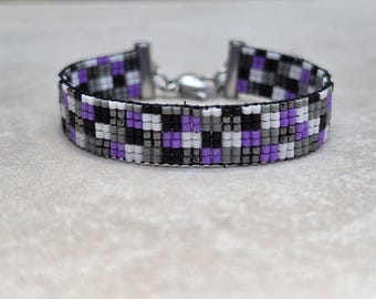 Narrow Miyuki Seed Bead Loom Bracelet, woven thin purple, grey, gunmetal, black and white seed bead bracelet