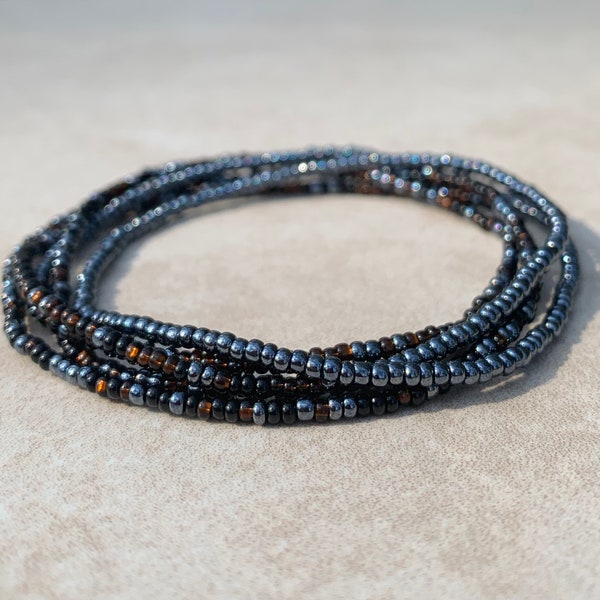 11/0 -WRAP- 36 inch Robotics Tiny Seed bead wrap bracelet, black, gunmetal, silver lined dark brown wrap seed bead bracelet