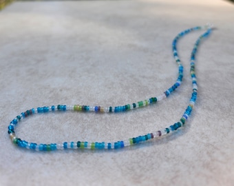 11/0 Seashore necklace tiny seed bead necklace blend of shiny and matte blue, green, translucent crystal, sand tone