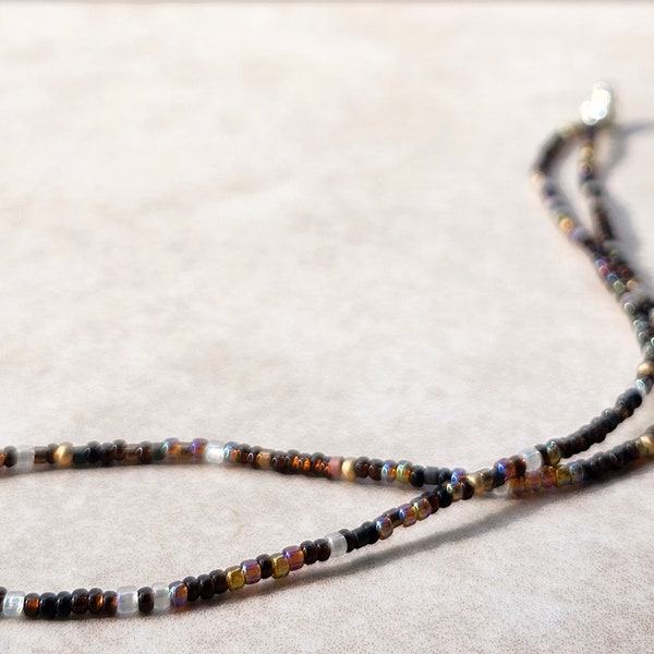 11/0 Galaxy necklace tiny seed bead necklace, black, shades of light and dark brown, gold, frosted crystal, and a sprinkle of dark olive.