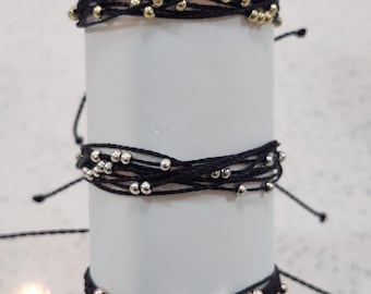 Beaded Black Wax String Bracelet, metal beads, rose gold, gold or silver