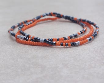 11/0 Set of 3 Phantom tiny stretch seed bead bracelets, orange,gunmetal,grey