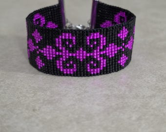Miyuki Seed Bead Loom Bracelet, woven seed bead bracelet silver lined fuchsia and black