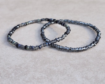 8/0  Individual OR Set of 2 stretch seed bead bracelets, Midnight Blend, black diamond stretch seed bead bracelets