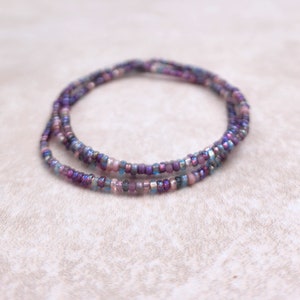 11/0 Set of 3 Tiny Stretch Mauve Blend Stackable Seed bead bracelet shades of mauve, very light aqua ab, shades of grey, shades of purple