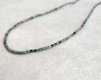 11/0 Boho Tree Hut necklace tiny seed bead necklace shades of green, bronze ab, tan, brown seed bead delicate necklace
