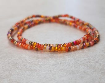 11/0 Set of 3 Tangy Twist tiny stretch stackable seed bead bracelet, shades of orange, copper ab, peach, red, grey dainty seed bead bracelet