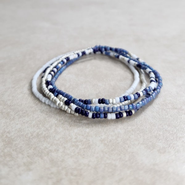 11/0-Bliss Japanese stretch seed bead bracelet set,matte wispy lavender blue, white, silver, opaque dark navy/purple tone seed bead bracelet