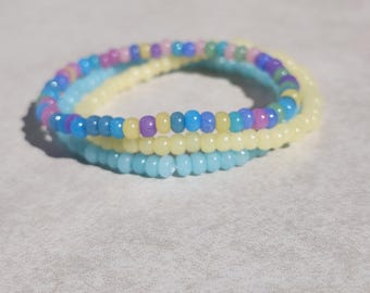 6/0 Individual OR Set of 3 stretch seed bead bracelets, Jelly Blend, Opal Yellow, Opal Blue stretch seed beaded bracelet