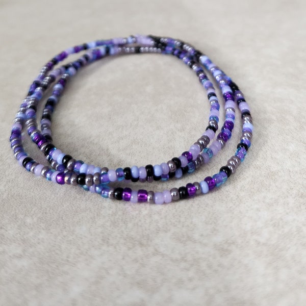 11/0 Set of 3 Butterfly tiny stretch stackable seed bead bracelets, dainty black, aqua and purple lined, purple shades seed bead bracelets