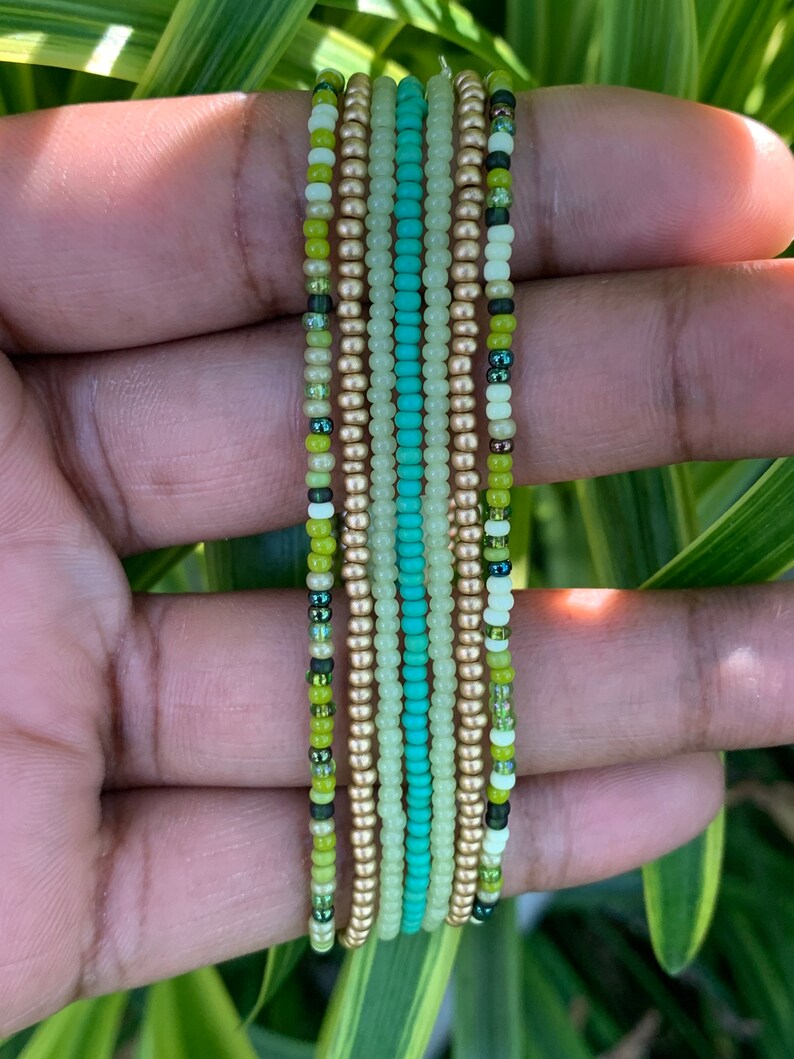 11/0 Green and gold seed bead bracelet set stretch seed bead Etsy
