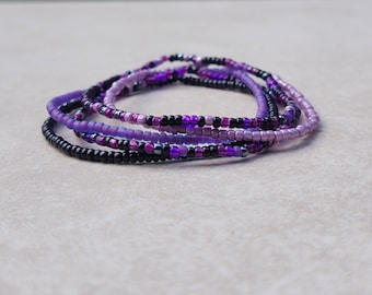 11/0 Soda Pop tiny stretch seed bead bracelet set, stackable dainty stretch seed bead bracelet set, shades of purple, black, gunmetal