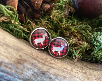 Earrings • ear nails • earrings • Ear fleas Deer Red and black cabochon in 12 mm glass