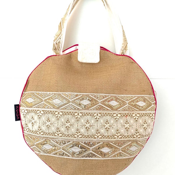 Grand sac rond jute et dentelle