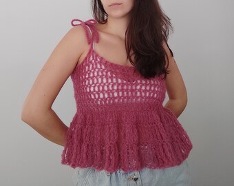 Crochet babydoll top,Handmade raffle top, Adjustable bow strap top