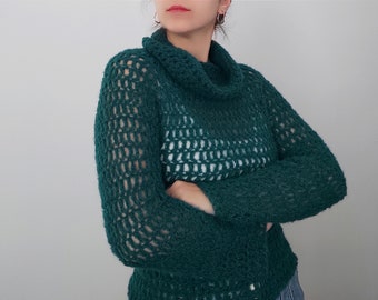 Cuello alto suelto de crochet, top de manga larga
