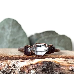 Herkimer quartz and garnet ring | Raw diamond quartz garnet copper ring | Unique natural crystal ring | Handmade gemstone jewelry