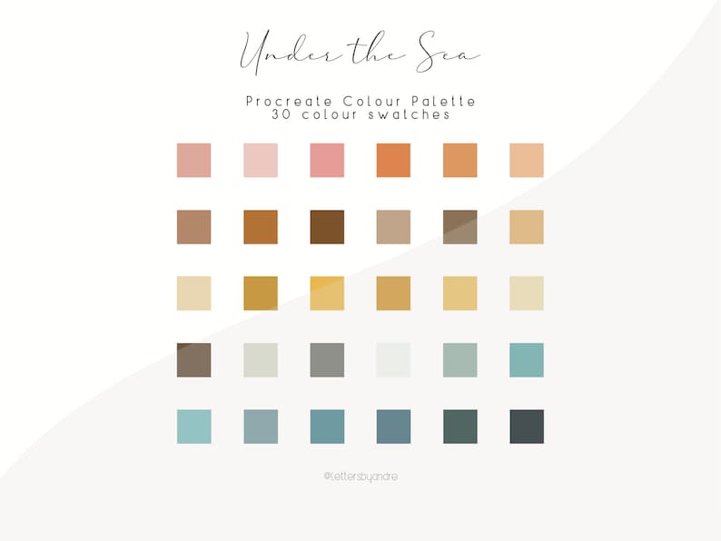 May include: A digital color palette for Procreate called "Under the Sea" with 30 color swatches in shades of pink, brown, beige, gray, and blue.