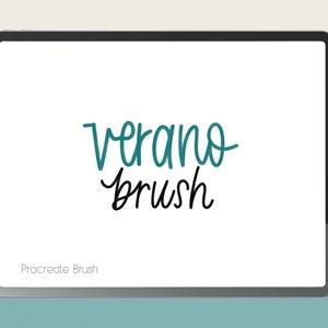May include: A digital illustration of a Procreate brush called "verano brush" on a tablet screen. The text is in a teal blue and black handwritten font.