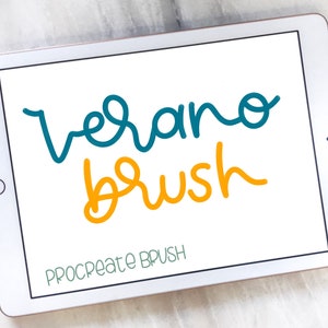 May include: A white iPad screen displaying the text "verano brush" in teal and orange lettering. The text "PROCREATE BRUSH" is displayed in green at the bottom of the screen.