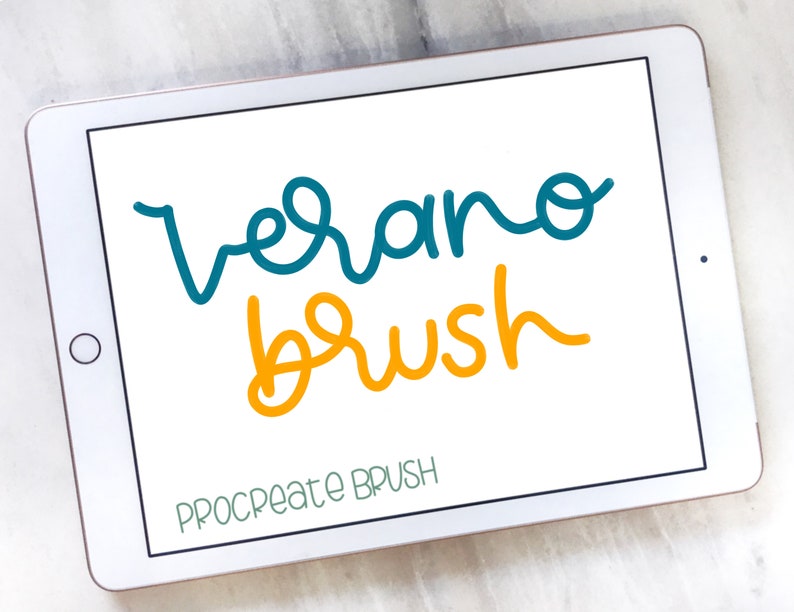 May include: A white iPad screen displaying the text "verano brush" in teal and orange lettering. The text "PROCREATE BRUSH" is displayed in green at the bottom of the screen.