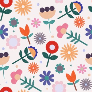 May include: A seamless pattern featuring colorful flowers and leaves in a variety of shapes and sizes. The background is white, and the flowers are in shades of red, orange, yellow, pink, blue, and green.