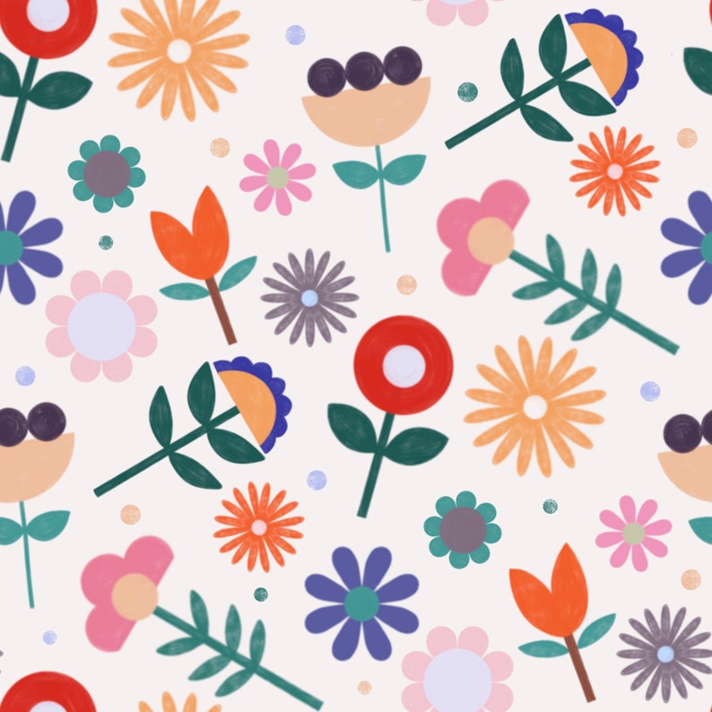 May include: A seamless pattern featuring colorful flowers and leaves in a variety of shapes and sizes. The background is white, and the flowers are in shades of red, orange, yellow, pink, blue, and green.