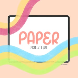 May include: A digital illustration of a tablet screen displaying the word "PAPER" in a pink, rounded font. The text "PROCREATE BRUSH" is below the word "PAPER". The tablet is surrounded by colourful, wavy lines.