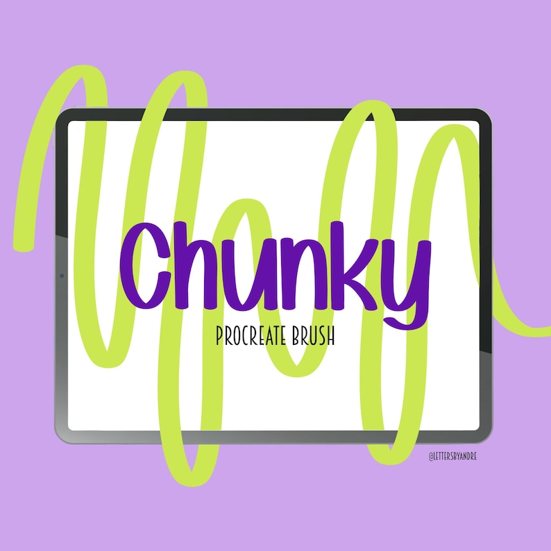 May include: A digital illustration of a tablet screen with a green line drawn on it. The text "chunky" is written in purple on the screen. The text "Procreate Brush" is written in black below the word "chunky".