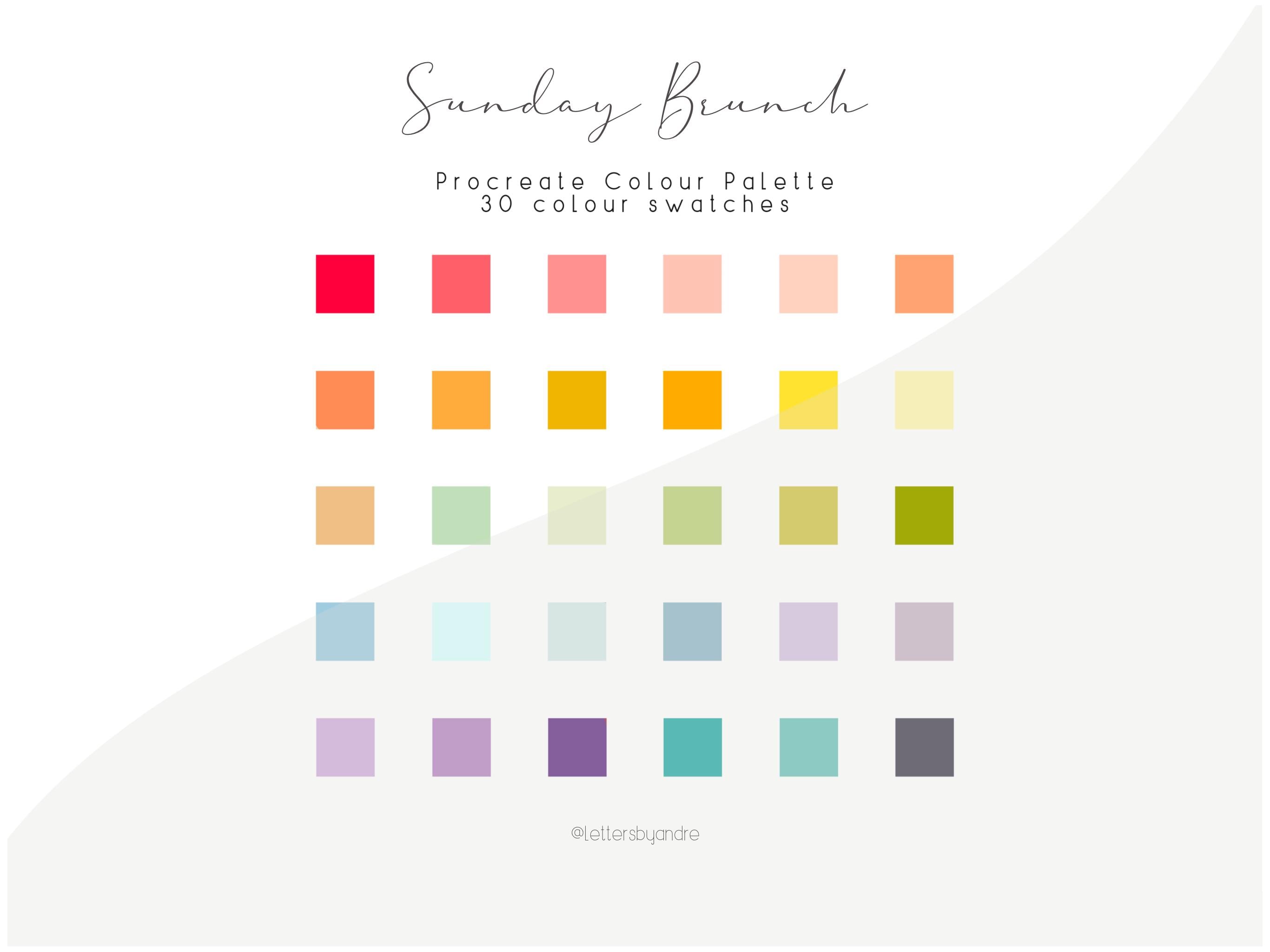Paleta de cores para Procreate Sunday Brunch – 30 amostras em pastel selecionadas à mão para arte digital e lettering