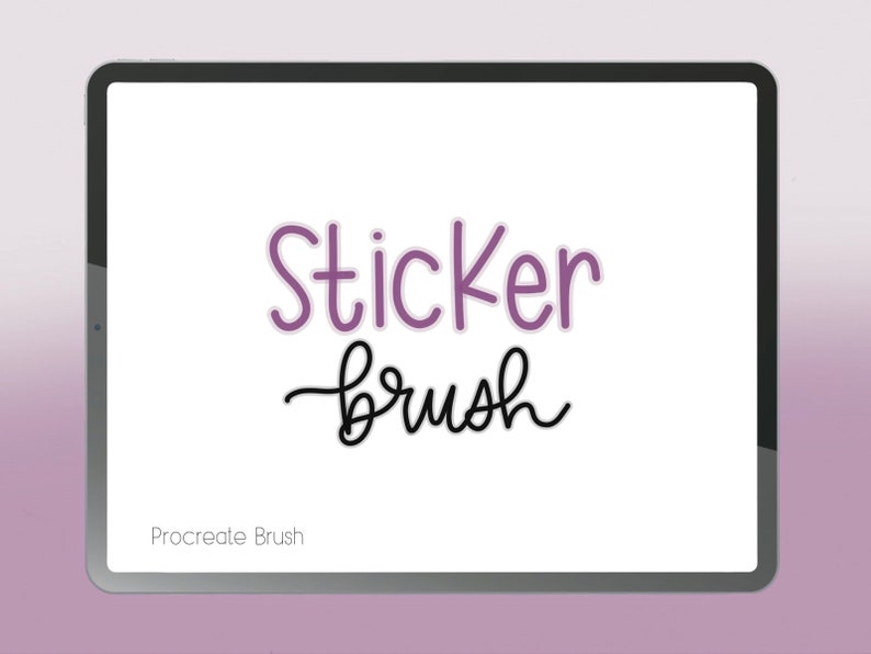 Puede incluir: Una ilustraci&oacute;n digital de una pantalla de tableta que muestra el texto "Sticker brush" en una fuente morada y negra. El texto "Procreate Brush" se muestra en negro en la parte inferior de la pantalla.