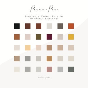 Könnte beinhalten: Eine digitale Farbpalette für Procreate namens "Pecan Pie" mit 30 Farbfeldern in Braun-, Beige-, Grau- und Rottönen.