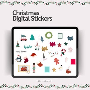 May include: A set of 25 digital Christmas stickers featuring a variety of festive designs, including a penguin, a snowman, a gnome, a Christmas tree, a candy cane, a star, a wreath, and more. The stickers are ideal for adding a touch of festive cheer to your digital projects.