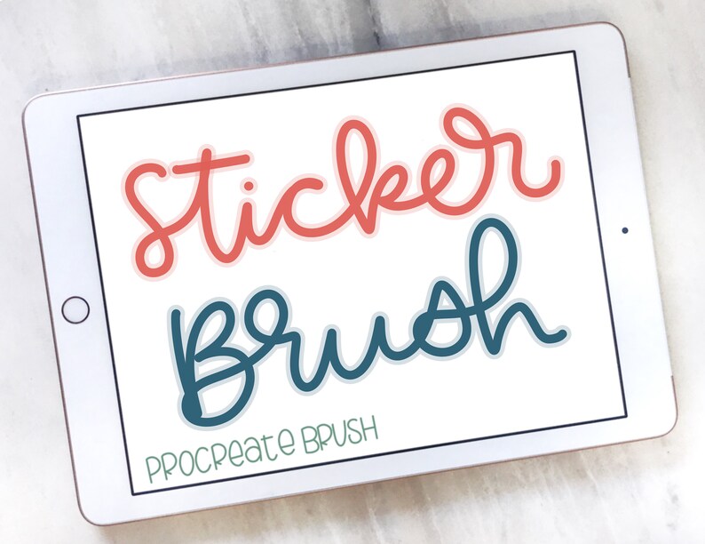 Puede incluir: Una ilustraci&oacute;n digital de las palabras "Sticker Brush" sobre un fondo blanco. La palabra "Sticker" est&aacute; en rojo y la palabra "Brush" est&aacute; en azul. El texto "Procreate Brush" tambi&eacute;n es visible en la parte inferior de la imagen.