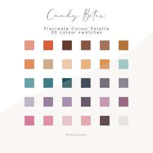 May include: A digital color palette for Procreate called "Candy Biter" with 30 color swatches in shades of pink, purple, blue, brown, orange, and beige. The palette is arranged in a grid of five rows and six columns.