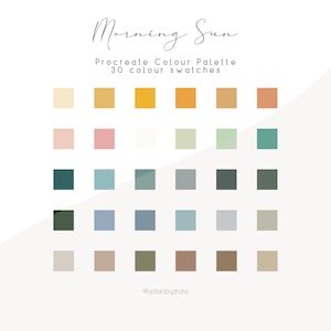 May include: A digital color palette with 30 color swatches in shades of beige, brown, green, blue, and gray. The palette is titled "Morning Sun Procreate Color Palette".
