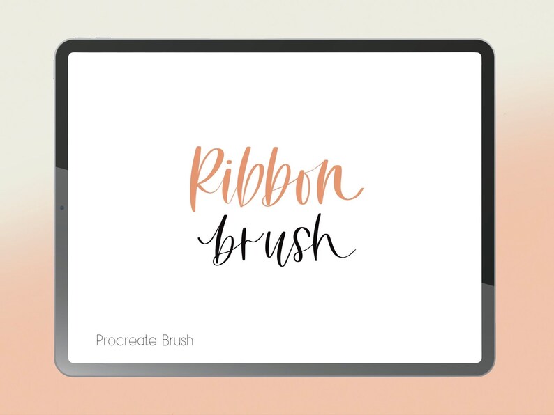 Może przedstawiać: Cyfrowa ilustracja ekranu tabletu, na kt&oacute;rym wyświetlony jest tekst "Ribbon Brush" w stylizowanej czcionce. Tekst "Procreate Brush" jest wyświetlony pod gł&oacute;wnym tekstem.