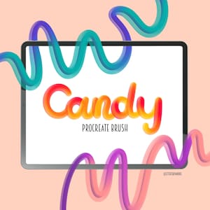 May include: A digital illustration of the word "Candy" in a colourful, 3D, bubble-like font. The word is displayed on a tablet screen with a white background. The tablet is surrounded by colourful, wavy lines.
