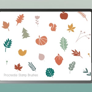 May include: A digital illustration of autumn-themed stamp brushes for Procreate. The image features a variety of leaves, acorns, a pumpkin, a squirrel, a bird, and other fall-inspired elements.