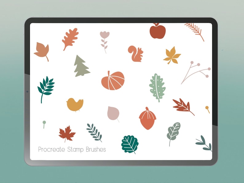 May include: A digital illustration of autumn-themed stamp brushes for Procreate. The image features a variety of leaves, acorns, a pumpkin, a squirrel, a bird, and other fall-inspired elements.