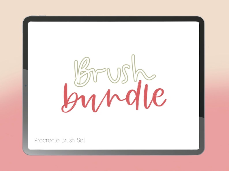 May include: A digital tablet screen displaying the text "Brush Bundle" in a handwritten font. The text is in two colors, red and green. The text "Procreate Brush Set" is displayed below the main text.