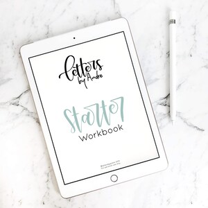 May include: A white iPad with a black screen displaying a digital workbook titled "Starter Workbook" with a teal blue logo that says "letters by Andre".