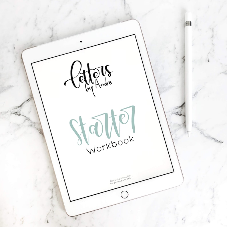 May include: A white iPad with a black screen displaying a digital workbook titled "Starter Workbook" with a teal blue logo that says "letters by Andre".