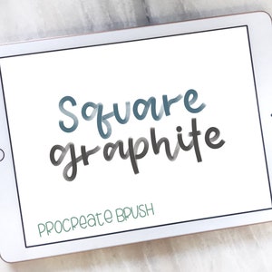 May include: A white tablet screen displaying the text "Square graphite" in a blue and gray handwritten font. The text "Procreate Brush" is displayed in a smaller green font below the main text.