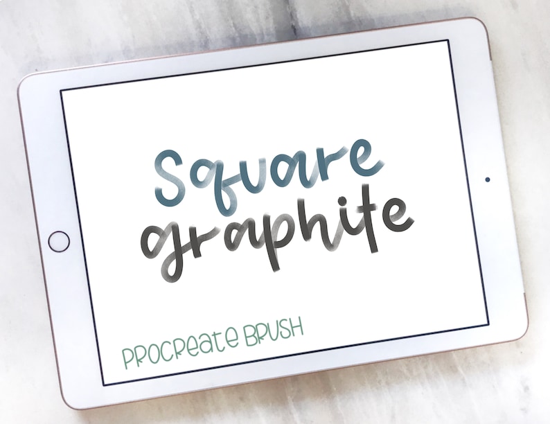 May include: A white tablet screen displaying the text "Square graphite" in a blue and gray handwritten font. The text "Procreate Brush" is displayed in a smaller green font below the main text.