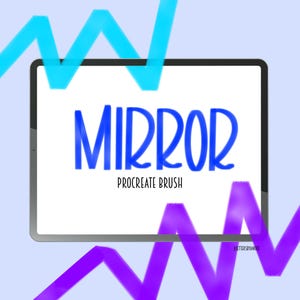May include: A digital tablet displays the word "MIRROR" in blue, with "PROCREATE BRUSH" below it. The background is light blue with blue and purple abstract shapes. The image is a digital art product.